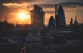 London skyscrapers at sunset. London, aerial view. Banking district in city center of United Kingdom, England, UK.