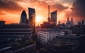 London skyscrapers at sunset. London, aerial view.