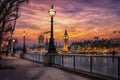 The London Southbank riverside of the Thames with view to the Big Ben clocktower Royalty Free Stock Photo