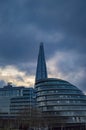 London southwark buildings with dark clouds in sky