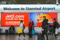 Welcome sign in London Airport, few days before Brexit many travellers stroll in Stansted Airport