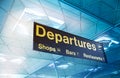 LONDON STANSTED AIRPORT, UK - MARCH 23, 2014: yellow departure sign at a international airport Royalty Free Stock Photo