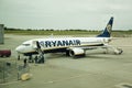 LONDON, STANSTED AIRPORT, UK - MAY 26, 2014: Stansted airport, Ryanair aircraft getting ready to depart Royalty Free Stock Photo
