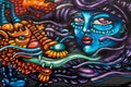 London street graffiti of woman's face and Dragon