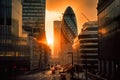 London streets at sunset. Road traffic in London.