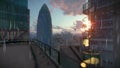 London at sunrise, Military Chopper passing, Swiss Reinsurance Headquarters, The Gherkin, raining