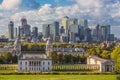 London at Sunset Light, England, Skyline View Of Greenwich College and Canary Wharf At Golden Hour Sunset With Blue Sky And Royalty Free Stock Photo