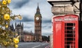 London symbols, BIG BEN with Christmas tree and red Phone Booths in England, UK