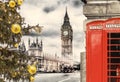 London symbols, BIG BEN with Christmas tree and red Phone Booths in England, UK