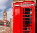 London symbols with BIG BEN, DOUBLE DECKER BUS and Red Phone Booths in England, UK Royalty Free Stock Photo