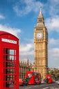 London symbols with BIG BEN, DOUBLE DECKER BUSES and Red Phone Booth in England, UK Royalty Free Stock Photo