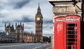 London symbols with BIG BEN and red Phone Booths in England, UK