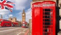 London symbols with BIG BEN, DOUBLE DECKER BUS and Red Phone Booths in England, UK Royalty Free Stock Photo