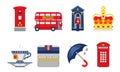 London Symbols Set, England Elements, Red Bus, Tea Cup, Umbrella, Red Telephone Booth, Crown Vector Illustration Royalty Free Stock Photo