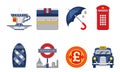 London Symbols Set, England Elements, Tea Cup, Umbrella, Red Telephone Booth, Cab Vector Illustration