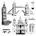 London symbols: St. Paul Cathedral, Big Ben and Tower Bridge. Beautiful hand drawn sketch illustration.