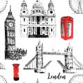 London symbols: St. Paul Cathedral, Big Ben and Tower Bridge. Beautiful hand drawn sketch seamless pattern