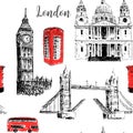 London symbols: St. Paul Cathedral, Big Ben and Tower Bridge. Beautiful hand drawn vector sketch illustration. Royalty Free Stock Photo