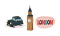 London Symbols with Taxi Cab and Big Ben Tower with Clock Vector Set Royalty Free Stock Photo