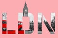 London text banner - Westminster scene with big ben and red bus Royalty Free Stock Photo