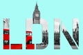 London text banner - Westminster scene with big ben and red bus Royalty Free Stock Photo