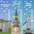 London tourist landmark banners. Vector illustration with England famous buildings.