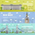 London tourist landmark banners. Vector illustration with famous buildings. Tower bridge, Big Ben and Buckingham Palace Royalty Free Stock Photo