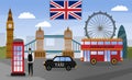 London touristic poster with famous landmarks and symbols. Flat style.