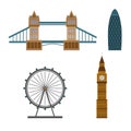 London touristic poster with famous landmarks and symbols isolated in the white background. Flat style. Vector