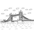 London Tower Bridge with clouds vector illustration sketch doodle hand drawn with black lines isolated on white background. Royalty Free Stock Photo