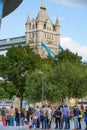 LONDON, Tower bridge and lots of walking people on south bank