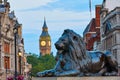 London Trafalgar Square lion and Big Ben Royalty Free Stock Photo