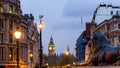 London Trafalgar Square lion and Big Ben tower at background, Lo Royalty Free Stock Photo