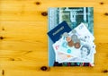 London travel book, US passport and British money on a table Royalty Free Stock Photo