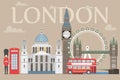 London travel info graphic. Vector illustration, Big Ben, eye, tower bridge and double decker bus, Police box, St Pauls Royalty Free Stock Photo