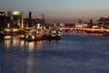 London at twilight and Thames with ships, UK Royalty Free Stock Photo