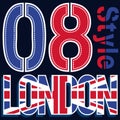 London typography design with the circular flag of the United Kingdom. London banner, poster, sport print t-shirt and apparel