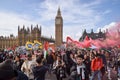 London, UK. 28th October 2023. Protesters march on Westminster Bridge. Tens of thousands of people marched in central London in so