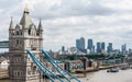 London, UK - Aerial view of Tower Bridge, skyscrapers of Canary Wharf and the financial district Royalty Free Stock Photo