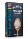 LONDON, UK - APRIL 01, 2020: Box of Muesli with nuts and seeds by Eat Natural with honey on white