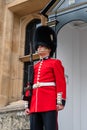 English guard soldier, close up, view from bottom