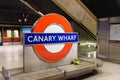 Canary Wharf tube sign inside station in London Royalty Free Stock Photo