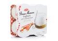 LONDON, UK - APRIL 01, 2020: Pack of Bonne Maman Yoghurt with rhubab layer on white