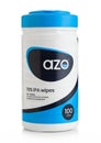 LONDON, UK - APRIL 01, 2020: Plastic container of AZO 70% IPA Wipes on white background. For rapid disinfection of hand surface