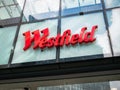 Westfield Stratford City shopping centre red sign. London.