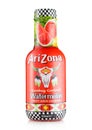 LONDON,UK - APRIL 26, 2022 : Watermelon flavour Arizona Iced Tea Cowboy cocktail in plastic bottle on white background