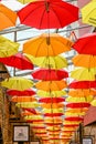 The colourful umbrella alley in Camden stables market, London