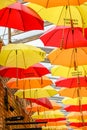 The colourful umbrella alley in Camden stables market, London