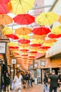 The colourful umbrella alley in Camden stables market, London