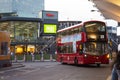 LONDON, UK - August 22, 2019 - many red english buses at Stratford international train, tube and bus station